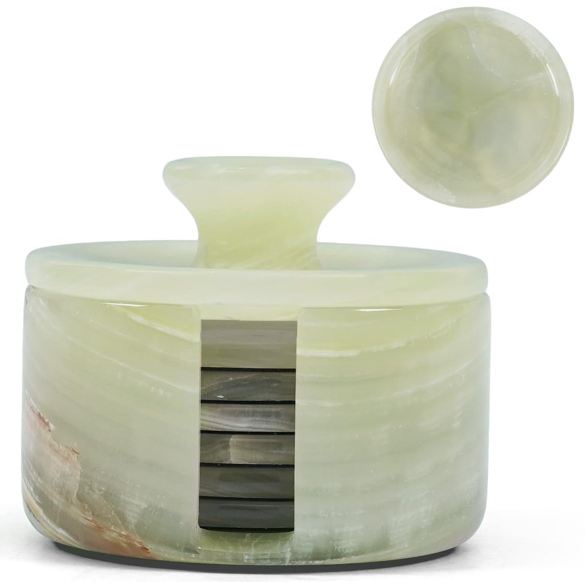 Earthen Crafts Marmor-Untersetzer, rund, handgefertigt, 8,9 cm, cremefarben, Onyx-Stein, Untersetzer für Getränke, mit Halter und Deckel, ideal für Esstisch, Couchtisch und Bürotisch, 6 Stück