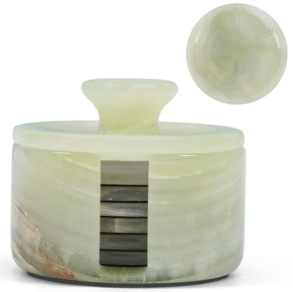 Earthen Crafts Marmor-Untersetzer, rund, handgefertigt, 8,9 cm, cremefarben, Onyx-Stein, Untersetzer für Getränke, mit Halter und Deckel, ideal für Esstisch, Couchtisch und Bürotisch, 6 Stück