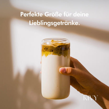 KIVY Trinkgläser 4er Set mit Glas Strohhalm - 4x 450ml - Eiskaffee & Matcha