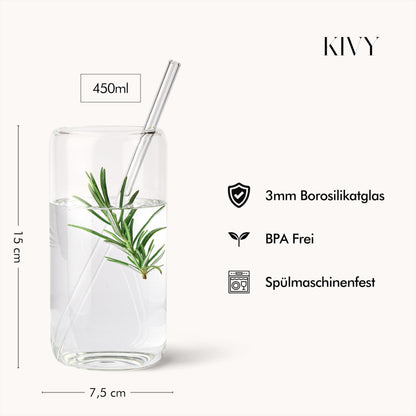 KIVY Trinkgläser 4er Set mit Glas Strohhalm - 4x 450ml - Eiskaffee & Matcha