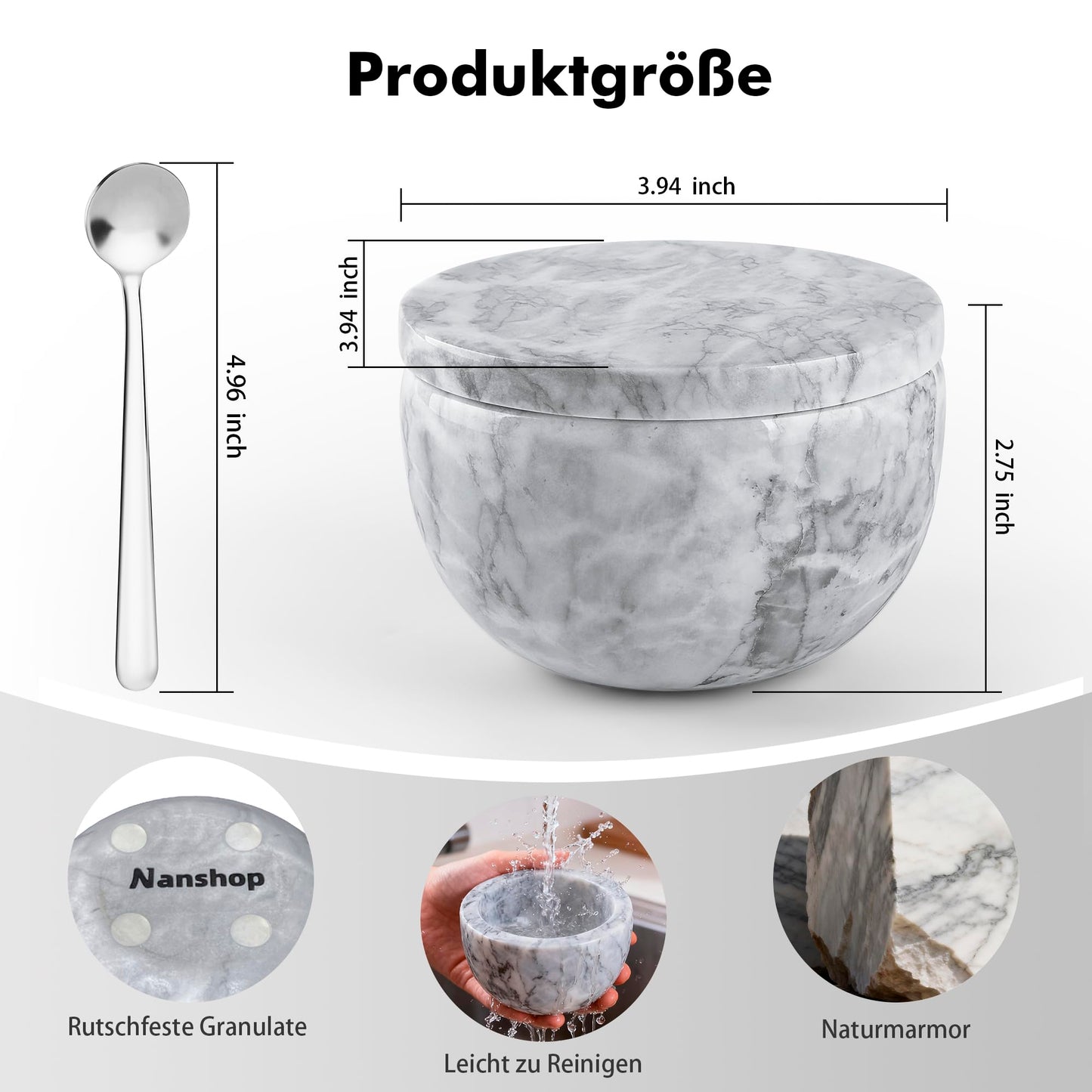 WORHE Marmor-Vorratsdose mit Deckel, Salzstreuer, Kaffeedose, Zuckerstreuer, Honigspender, Geeignet für Salz, Pfeffer, Paprika und Kräuterpulver, Schmuck, Accessoires und Heimdekor, weiß (DEN48)