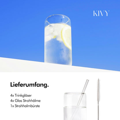 KIVY Trinkgläser 4er Set mit Glas Strohhalm - 4x 450ml - Eiskaffee & Matcha