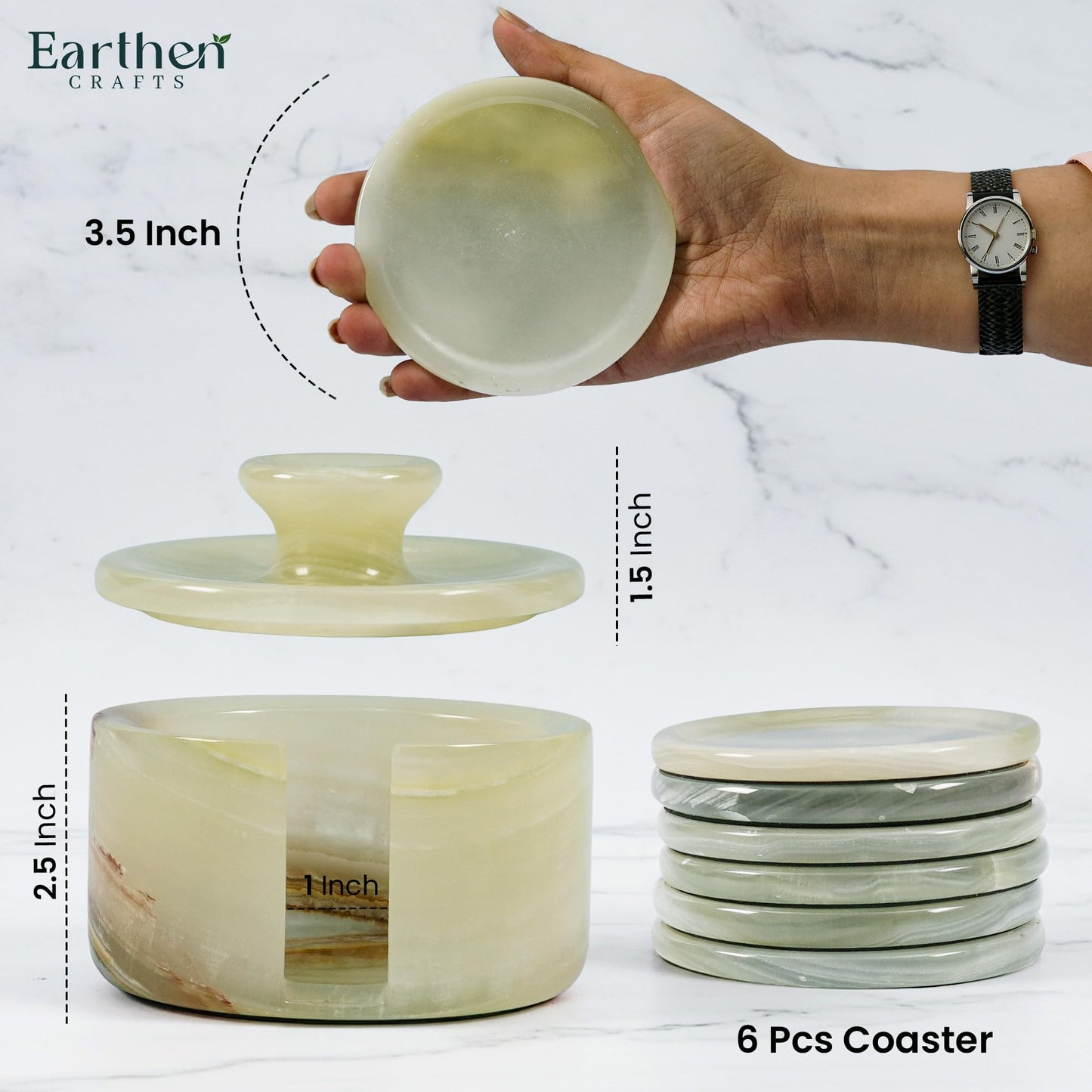 Earthen Crafts Marmor-Untersetzer, rund, handgefertigt, 8,9 cm, cremefarben, Onyx-Stein, Untersetzer für Getränke, mit Halter und Deckel, ideal für Esstisch, Couchtisch und Bürotisch, 6 Stück