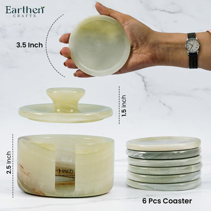Earthen Crafts Marmor-Untersetzer, rund, handgefertigt, 8,9 cm, cremefarben, Onyx-Stein, Untersetzer für Getränke, mit Halter und Deckel, ideal für Esstisch, Couchtisch und Bürotisch, 6 Stück