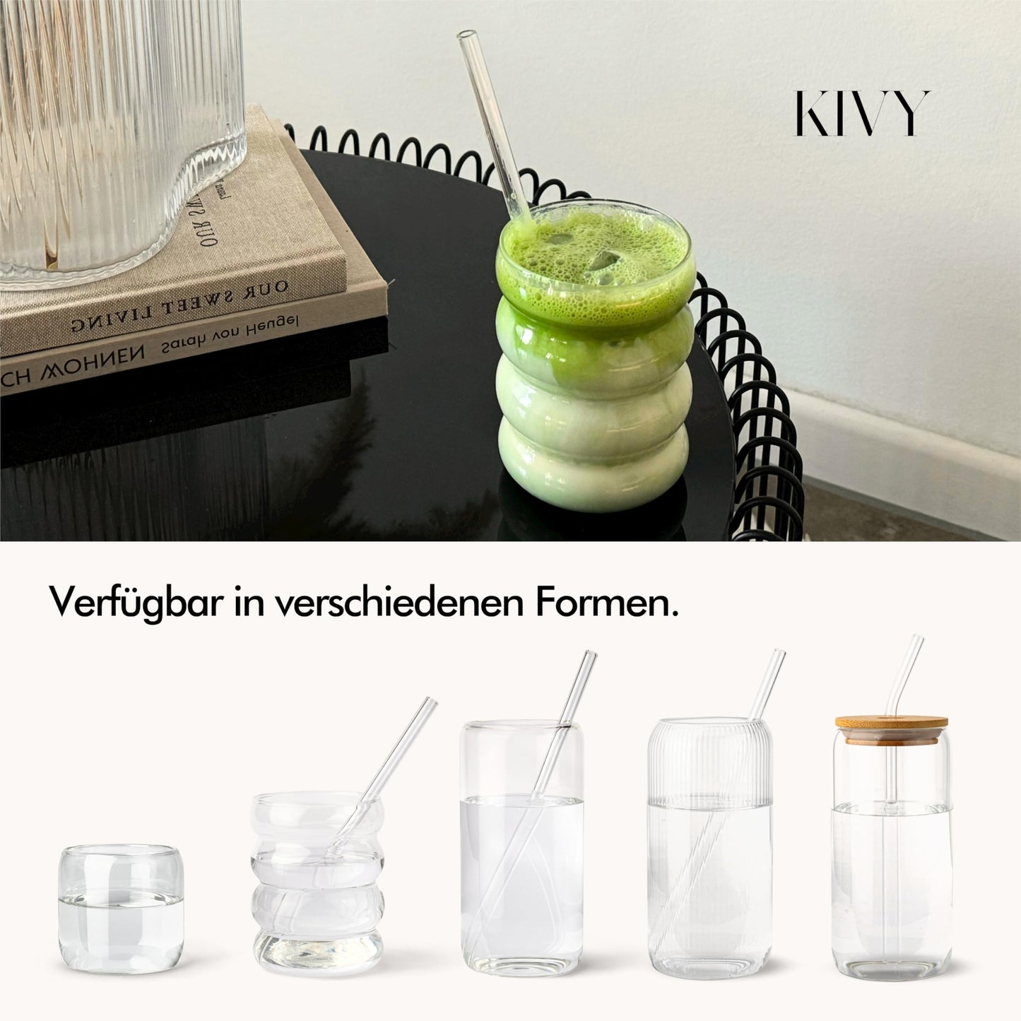 KIVY Trinkgläser 4er Set mit Glas Strohhalm - 4x 450ml - Eiskaffee & Matcha