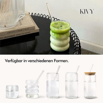 KIVY Trinkgläser 4er Set mit Glas Strohhalm - 4x 450ml - Eiskaffee & Matcha