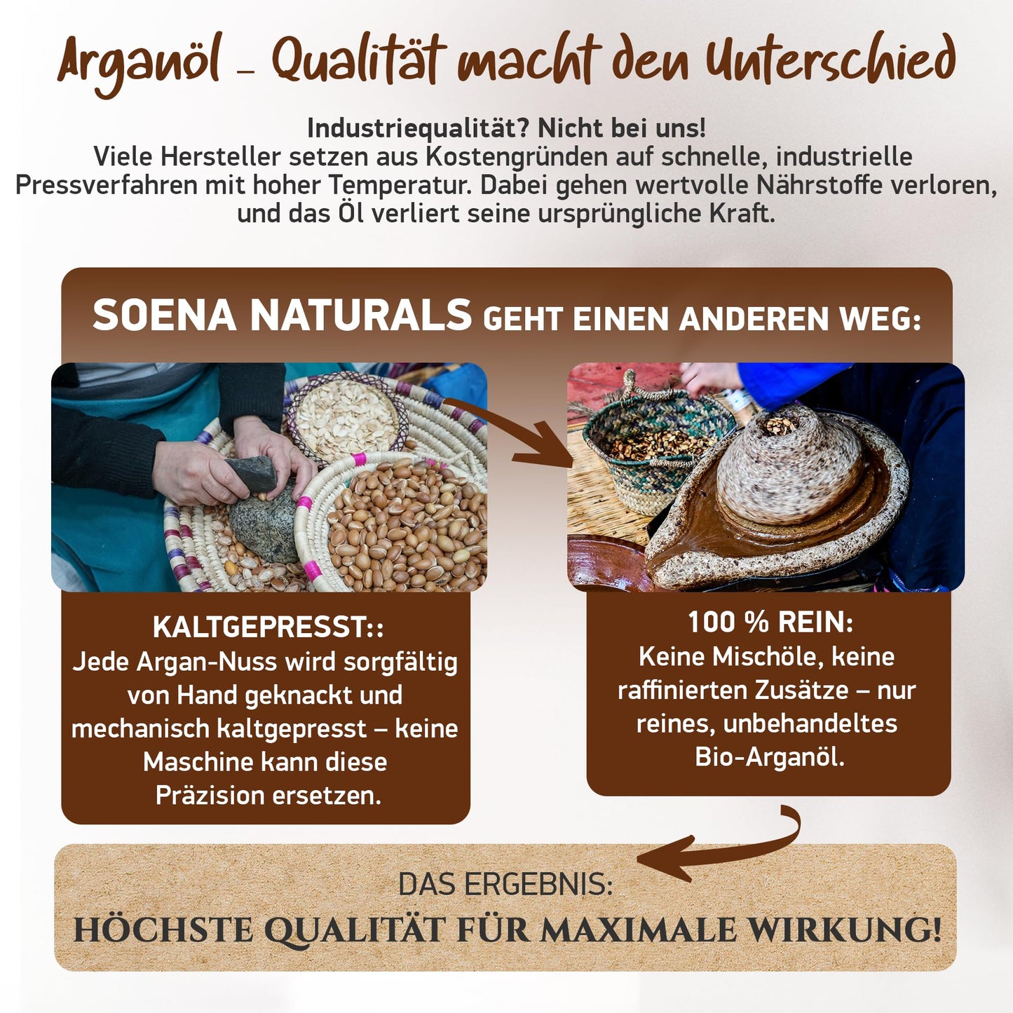 ARGANÖL BIO KALTGEPRESST | 100% Rein | Für Haare Haut & Nägel | Pipette+Pumper | Original aus Marokko | 100ml im lichtgeschützten Braunglas | Für Kosmetik | Feuchtigkeitspflege von Soena