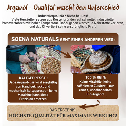 ARGANÖL BIO KALTGEPRESST | 100% Rein | Für Haare Haut & Nägel | Pipette+Pumper | Original aus Marokko | 100ml im lichtgeschützten Braunglas | Für Kosmetik | Feuchtigkeitspflege von Soena