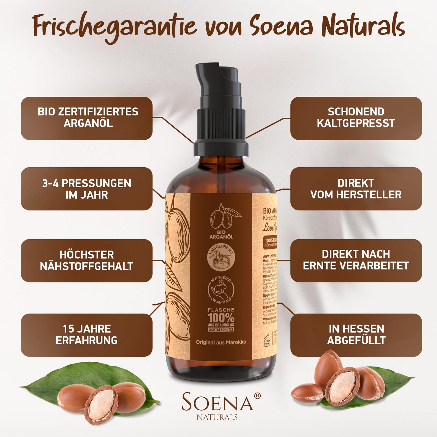ARGANÖL BIO KALTGEPRESST | 100% Rein | Für Haare Haut & Nägel | Pipette+Pumper | Original aus Marokko | 100ml im lichtgeschützten Braunglas | Für Kosmetik | Feuchtigkeitspflege von Soena