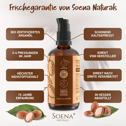 ARGANÖL BIO KALTGEPRESST | 100% Rein | Für Haare Haut & Nägel | Pipette+Pumper | Original aus Marokko | 100ml im lichtgeschützten Braunglas | Für Kosmetik | Feuchtigkeitspflege von Soena