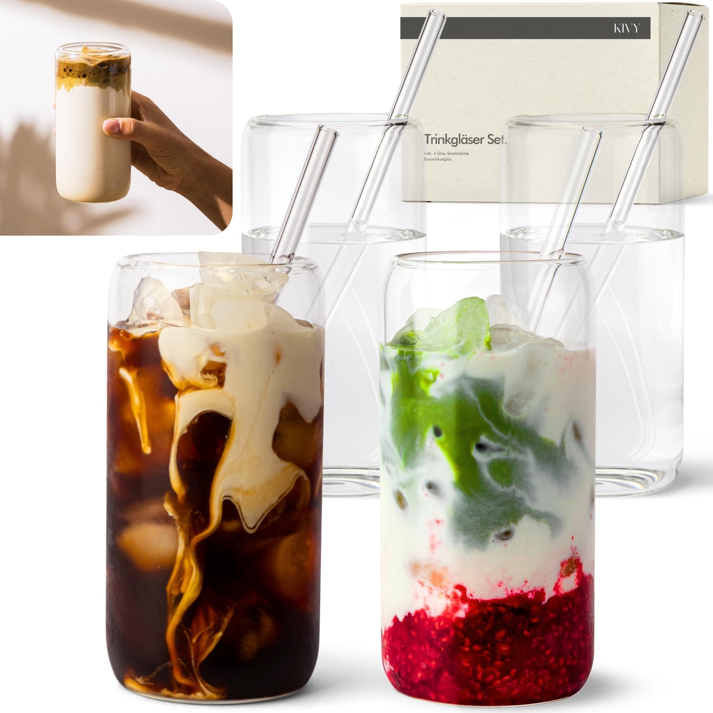 KIVY Trinkgläser 4er Set mit Glas Strohhalm - 4x 450ml - Eiskaffee & Matcha