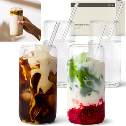 KIVY Trinkgläser 4er Set mit Glas Strohhalm - 4x 450ml - Eiskaffee & Matcha