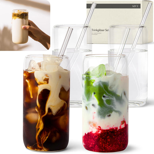 KIVY Trinkgläser 4er Set mit Glas Strohhalm - 4x 450ml - Eiskaffee & Matcha