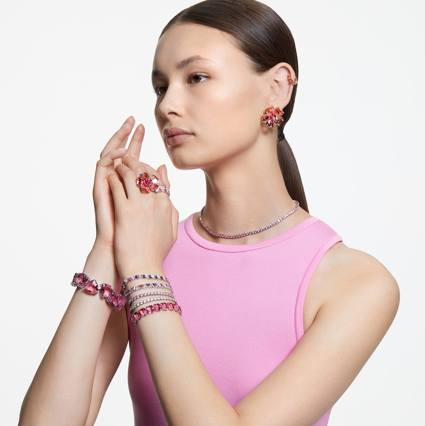 Swarovski Matrix Tennis Halskette, Rundschliff, Rosa, Rhodiniert