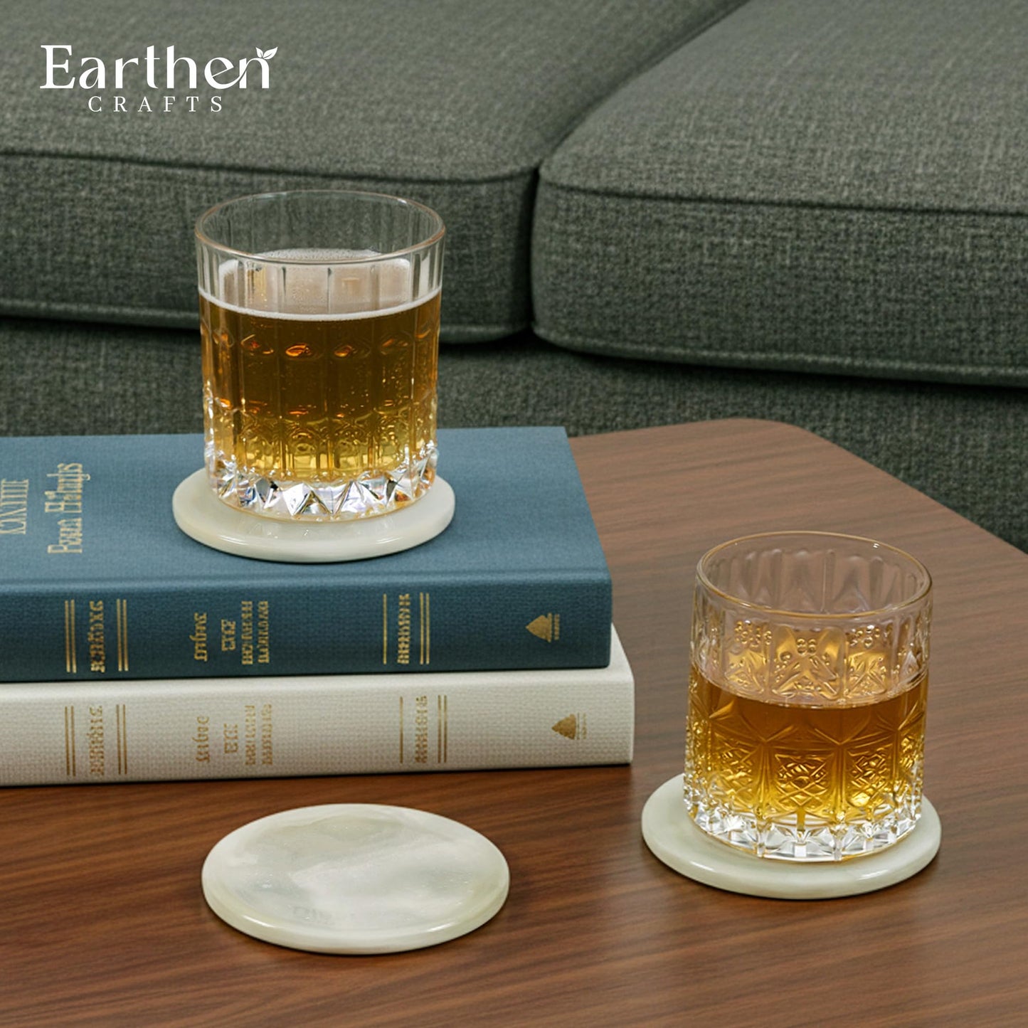 Earthen Crafts Marmor-Untersetzer, rund, handgefertigt, 8,9 cm, cremefarben, Onyx-Stein, Untersetzer für Getränke, mit Halter und Deckel, ideal für Esstisch, Couchtisch und Bürotisch, 6 Stück