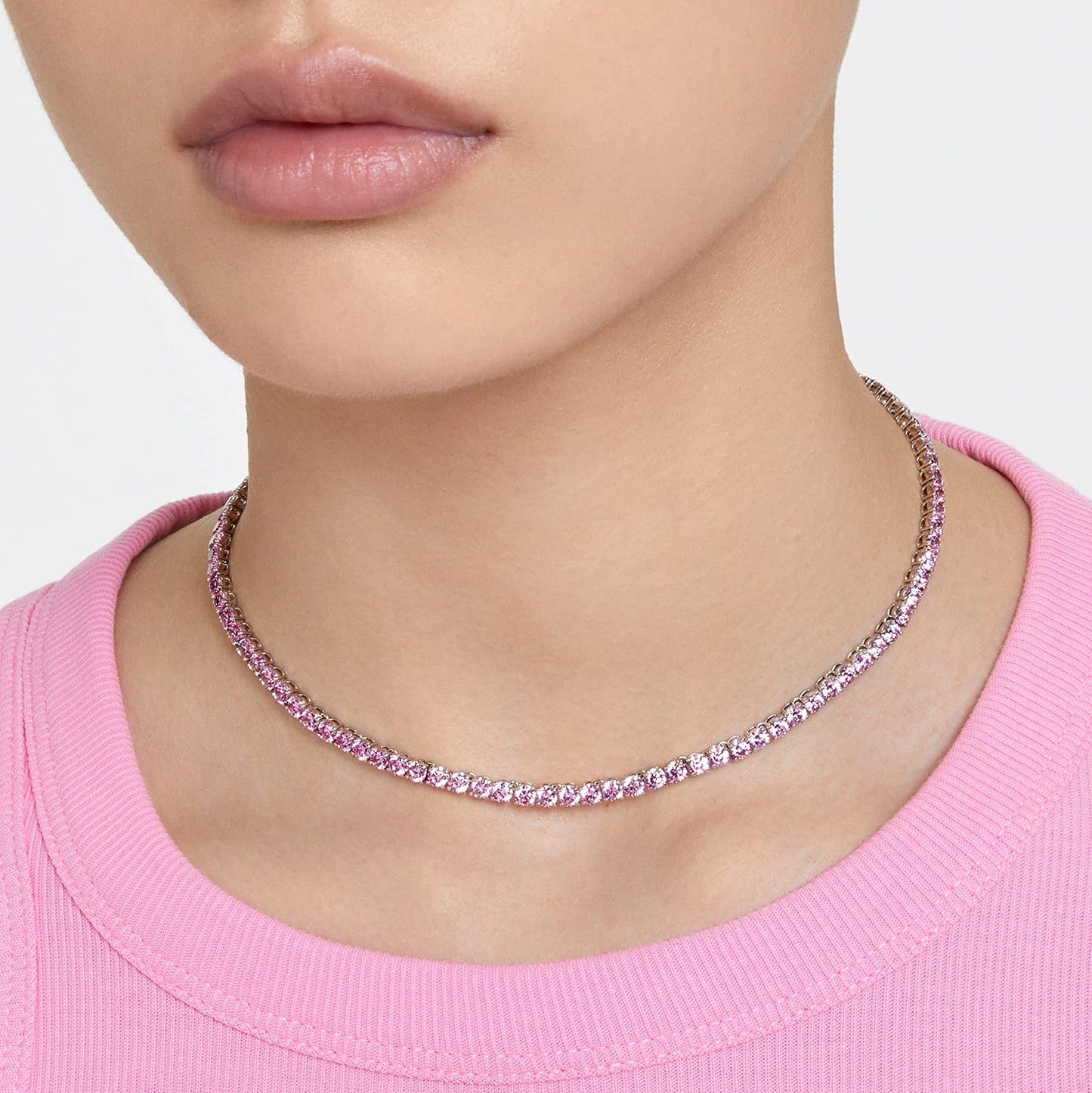 Swarovski Matrix Tennis Halskette, Rundschliff, Rosa, Rhodiniert